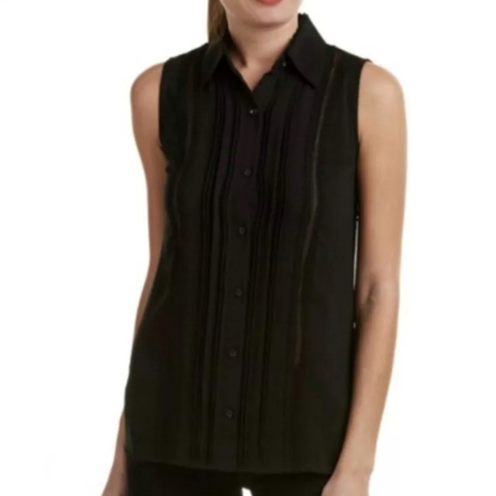 CAbi Jagger Black Button Up Top Lace Sleeveless Blouse 3266